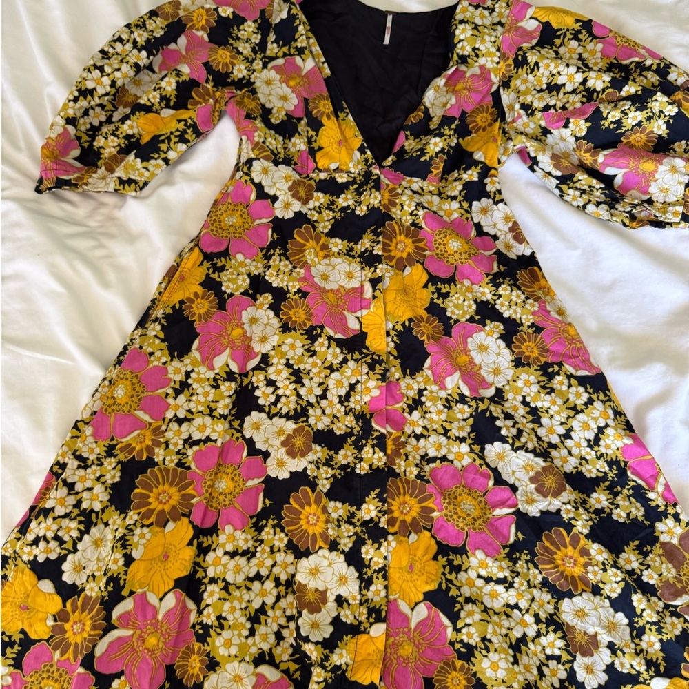 Free People Cotton Floral V-Neck Dress with Puff Sleeves